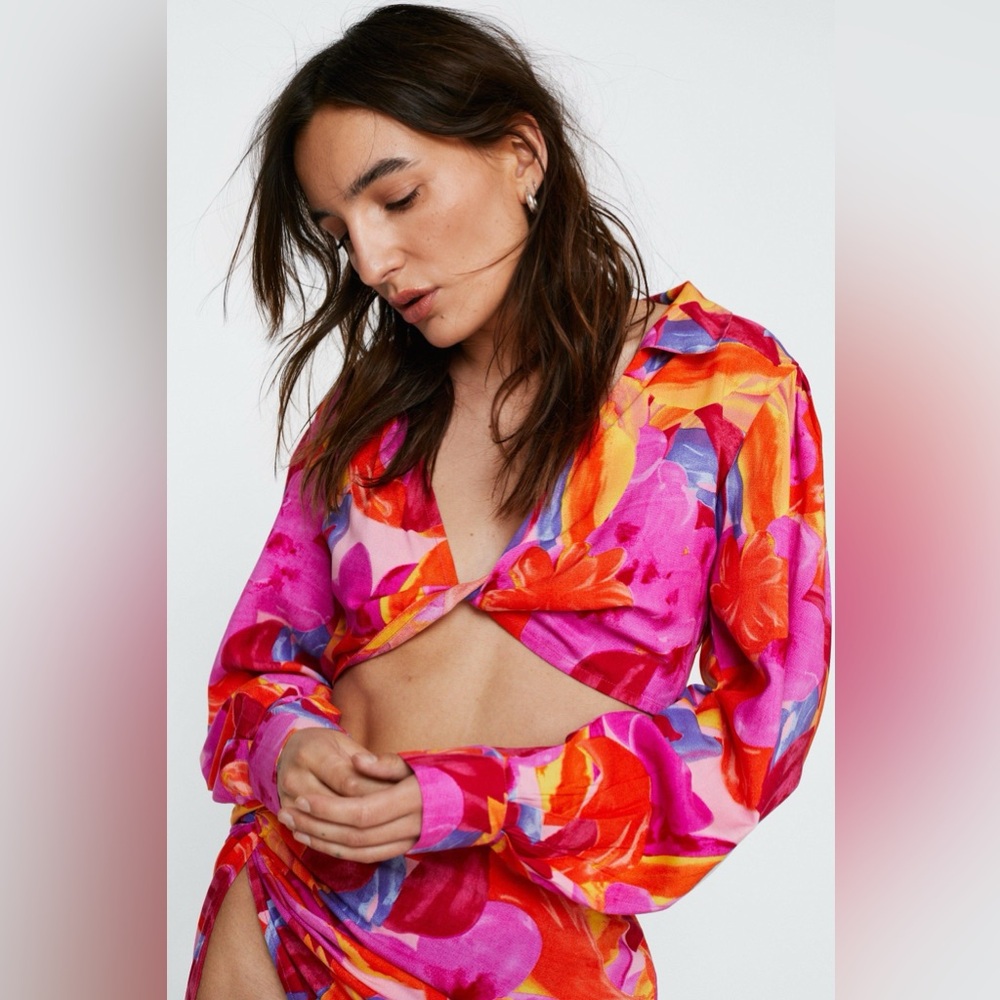 Tropical Floral Print Cropped Long Sleeve Top Summer Boho Beach Vacation Blouse